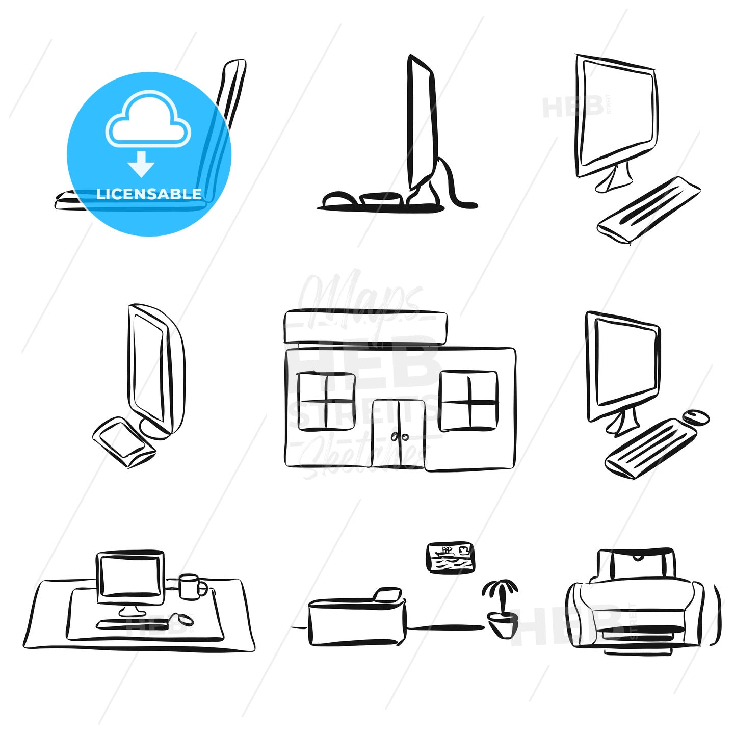 Sketches of Laptops and Desktop PC – instant download