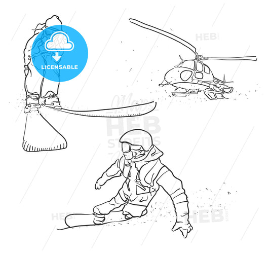 Skiing, Snowboarding and Helicopter Doodle Sketches – instant download