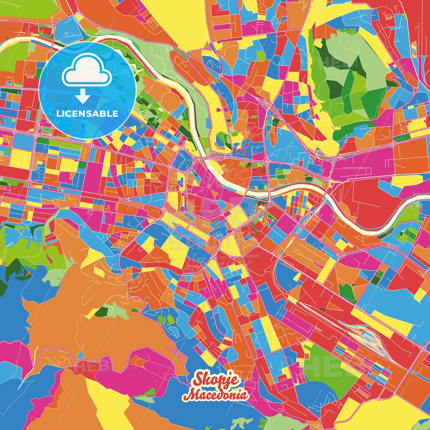 Skopje, North Macedonia Crazy Colorful Street Map Poster Template - HEBSTREITS Sketches