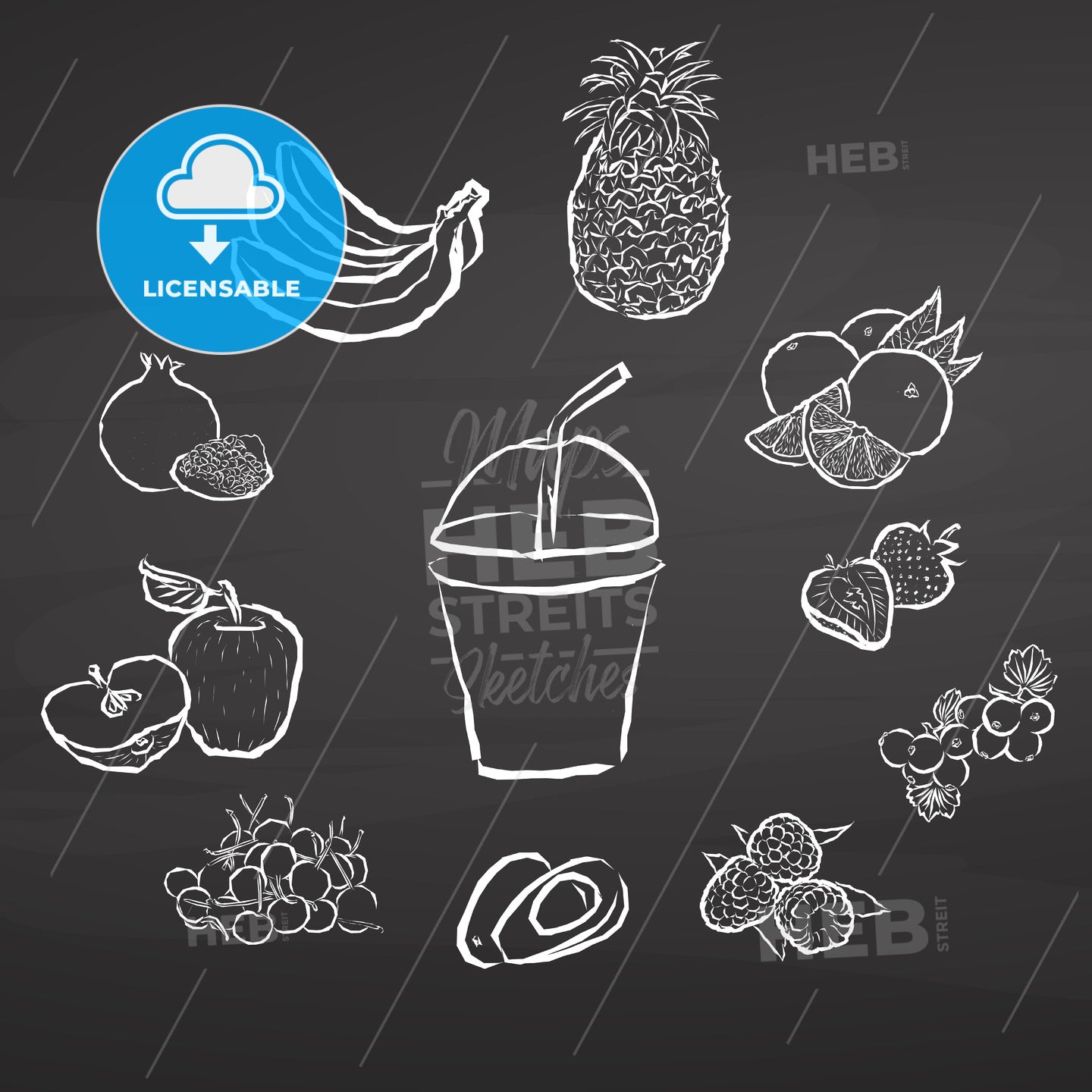 Smoothie and fruits. Illustration on chalkboard. – instant download