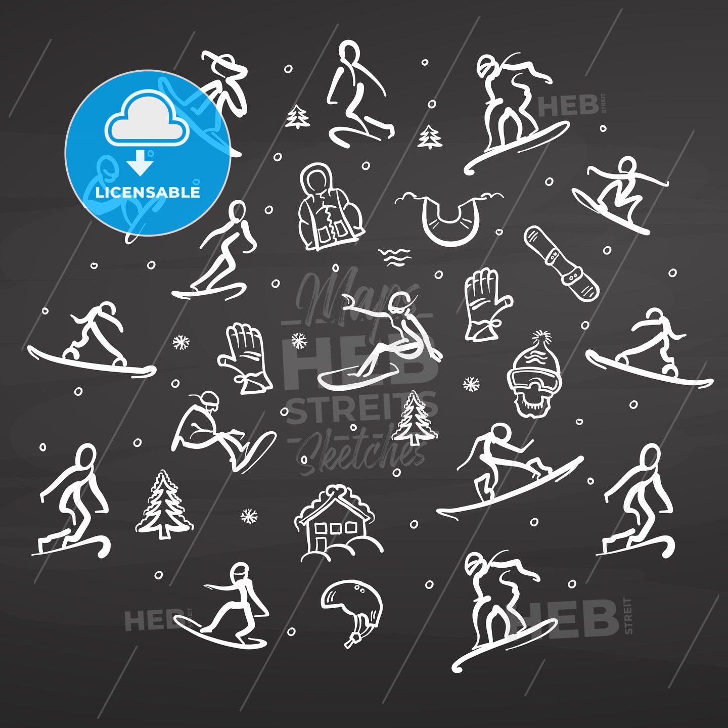 Snowboarding Freestyle Doodle Set on chalkboard – instant download