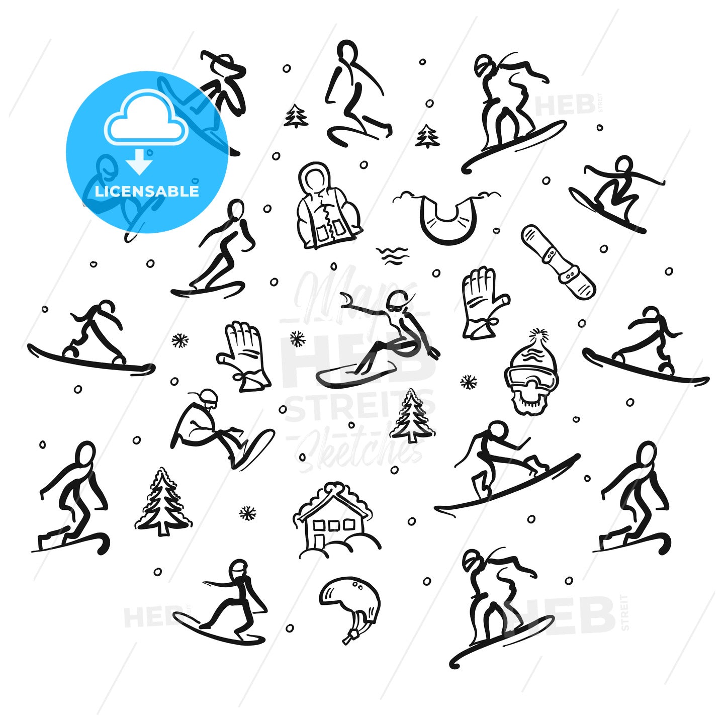 Snowboarding Freestyle Doodle Set – instant download