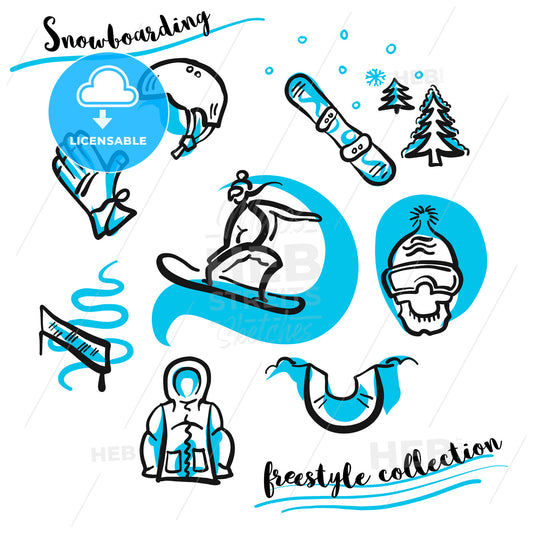 Snowboarding freestyle collection hand drawn set – instant download