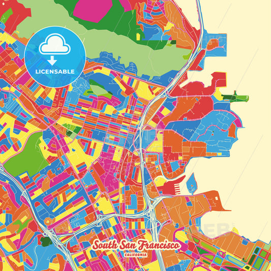 South San Francisco, United States Crazy Colorful Street Map Poster Template - HEBSTREITS Sketches
