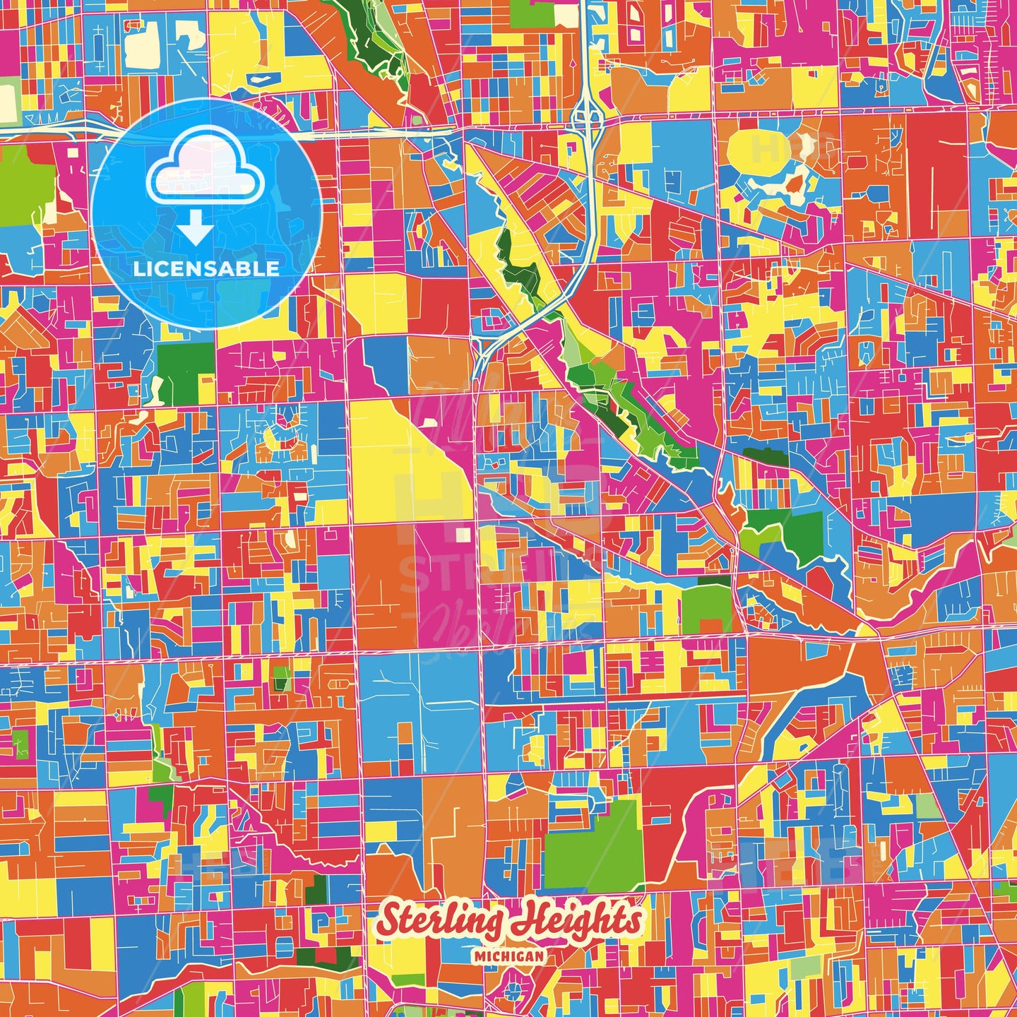 Sterling Heights, United States Crazy Colorful Street Map Poster Template - HEBSTREITS Sketches