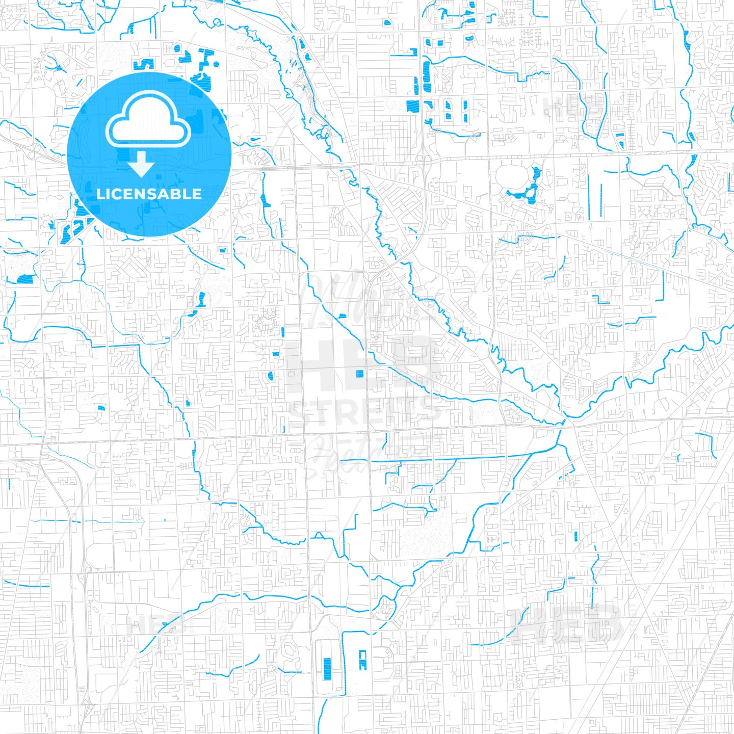 Sterling Heights, Michigan, United States, PDF vector map with water in focus