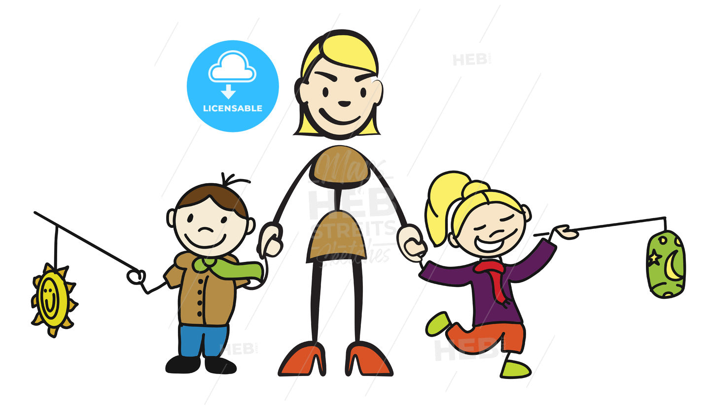 Stick figure mother holding two children with lantern by the hand – instant download