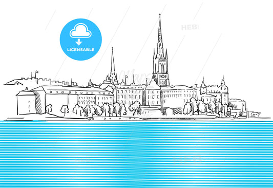 Stockholm Panorama with blue Water Sketch – instant download