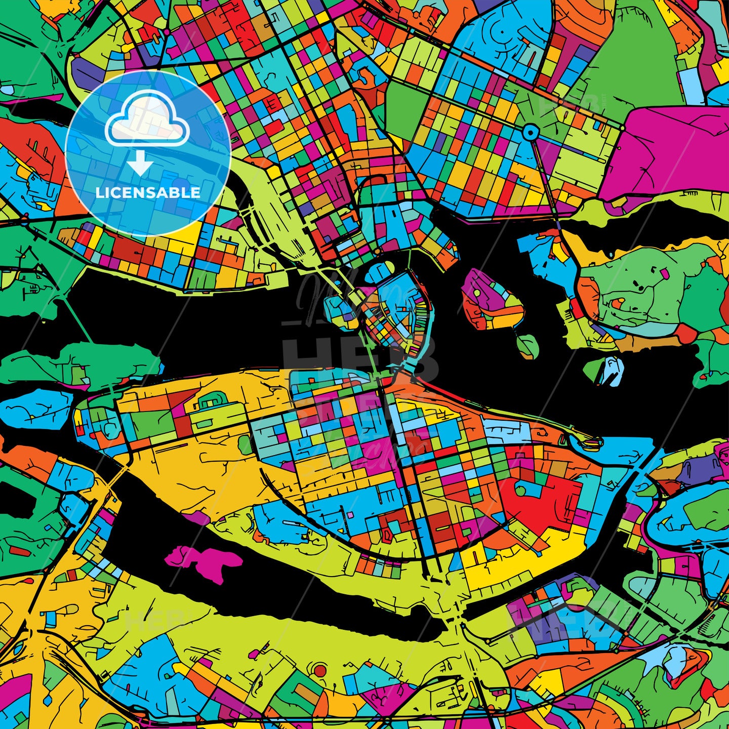Stockholm, Sweden, Colorful Vector Map on Black