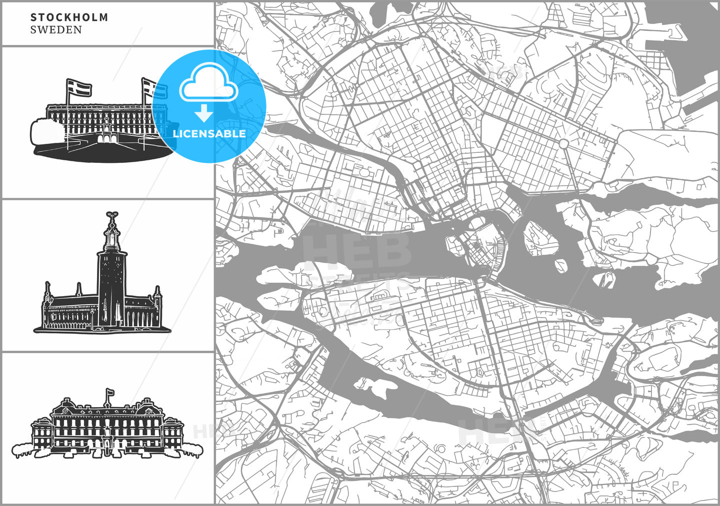 Stockholm city map with hand-drawn architecture icons