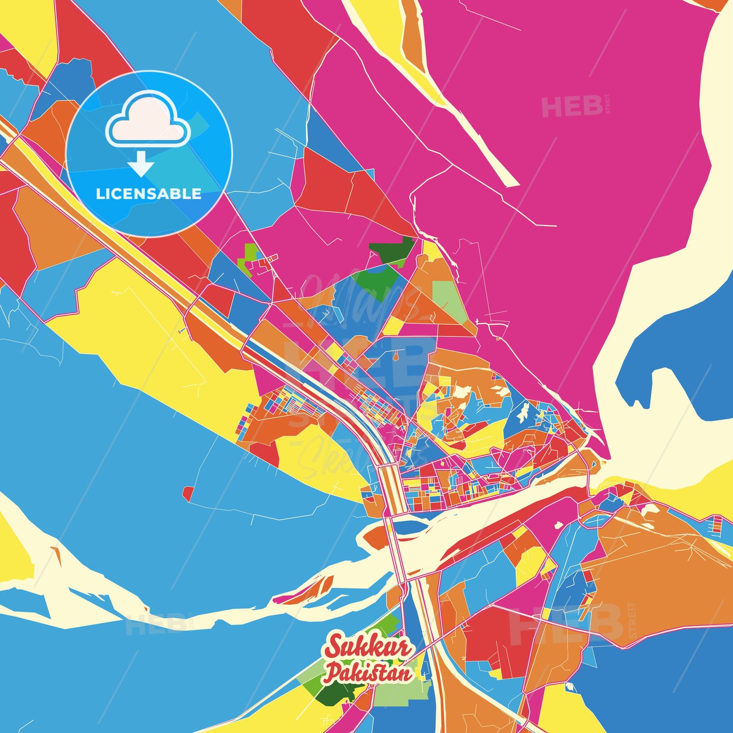 Sukkur, Pakistan Crazy Colorful Street Map Poster Template - HEBSTREITS Sketches