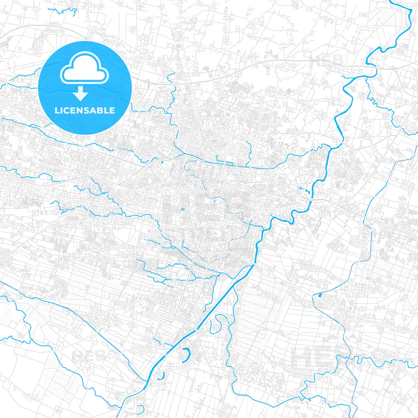 Surakarta, Indonesia PDF vector map with water in focus