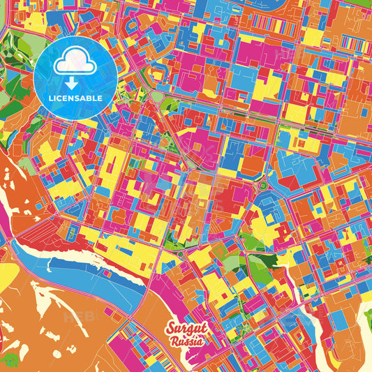 Surgut, Russia Crazy Colorful Street Map Poster Template - HEBSTREITS Sketches