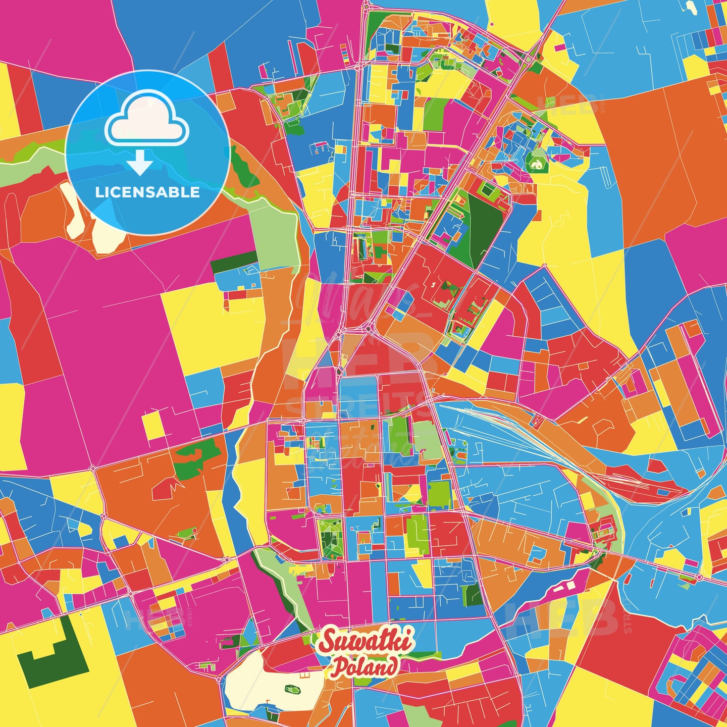 Suwałki, Poland Crazy Colorful Street Map Poster Template - HEBSTREITS Sketches