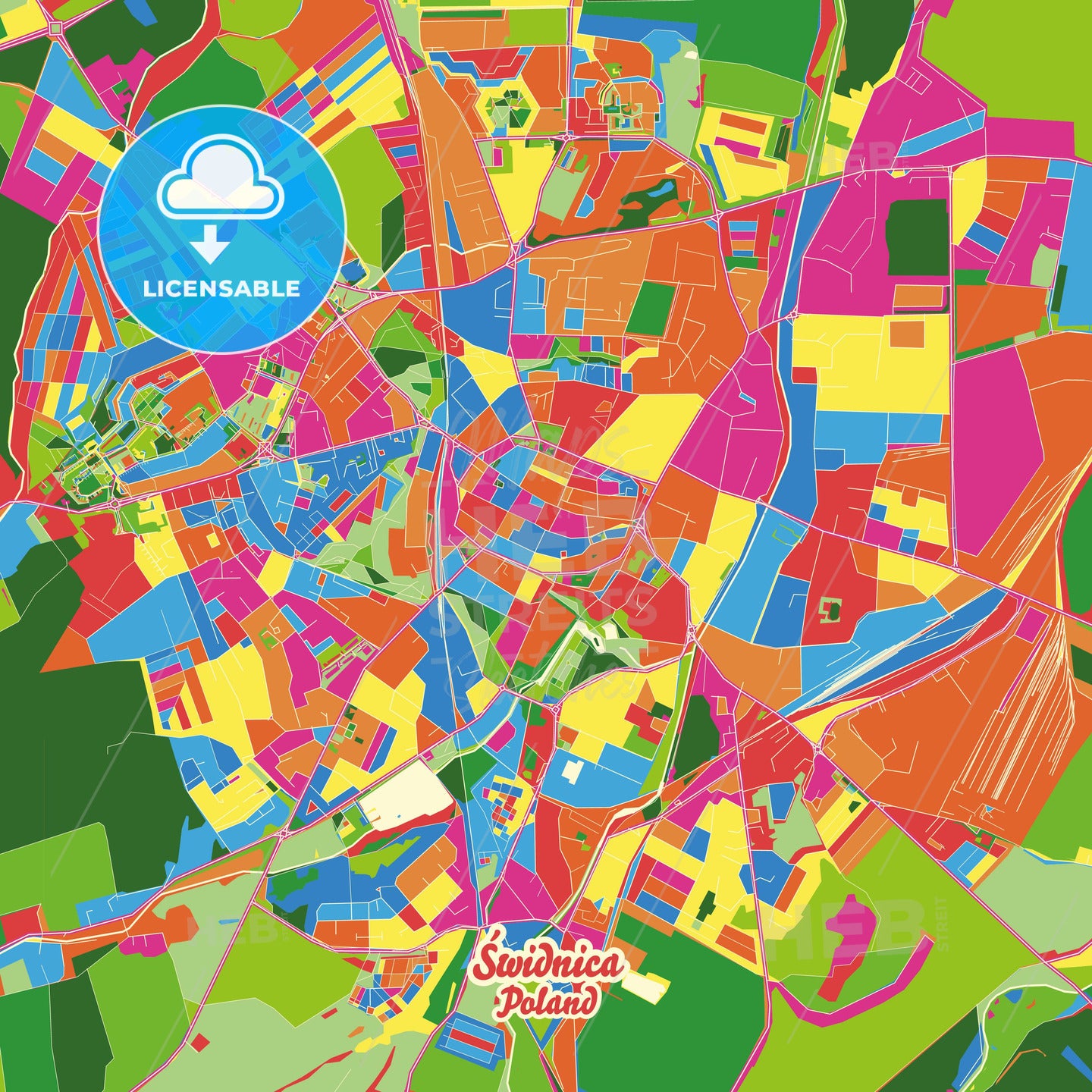 Świdnica, Poland Crazy Colorful Street Map Poster Template - HEBSTREITS Sketches