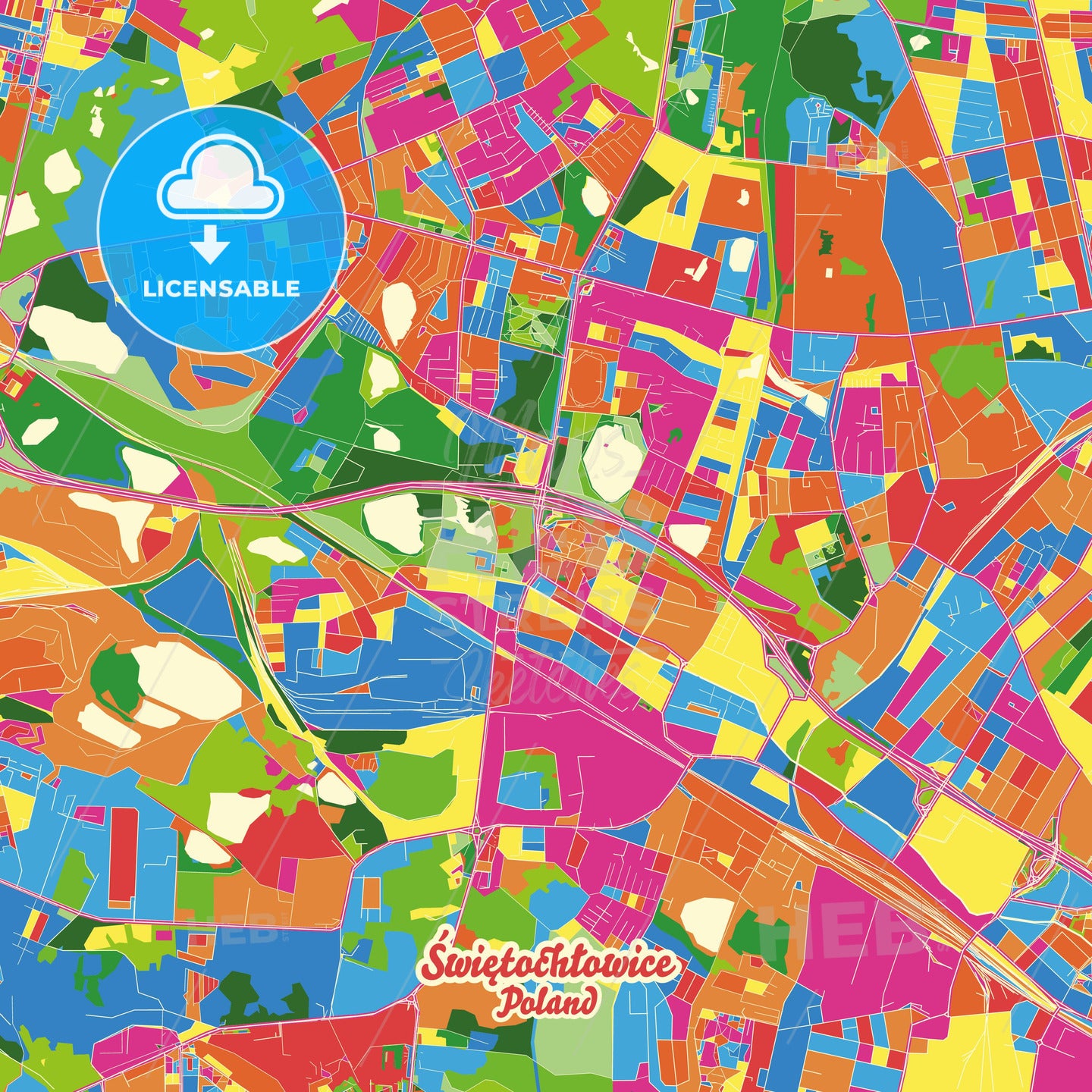 Świętochłowice, Poland Crazy Colorful Street Map Poster Template - HEBSTREITS Sketches