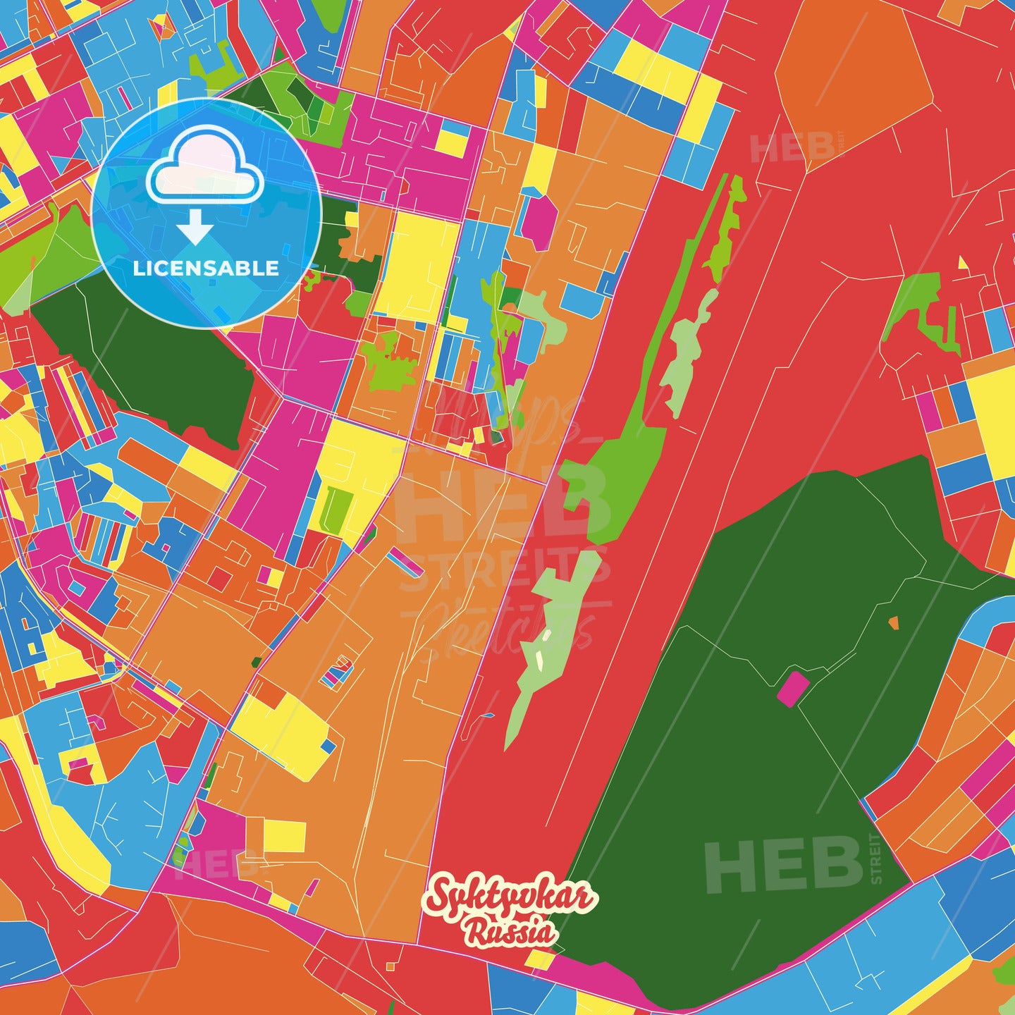 Syktyvkar, Russia Crazy Colorful Street Map Poster Template - HEBSTREITS Sketches