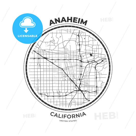 T-shirt map badge of Anaheim, California - HEBSTREITS