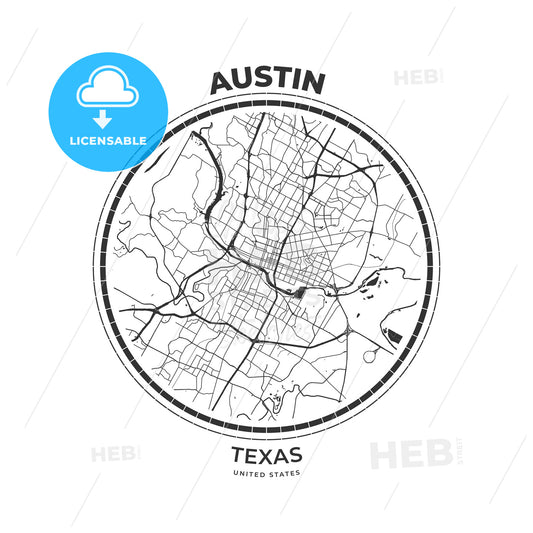 T-shirt map badge of Austin, Texas - HEBSTREITS