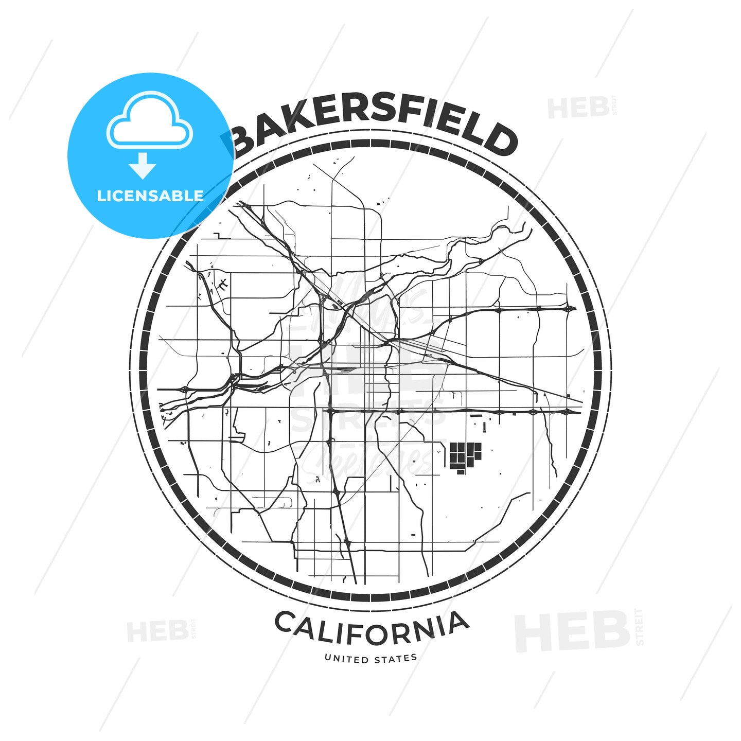 T-shirt map badge of Bakersfield, California - HEBSTREITS