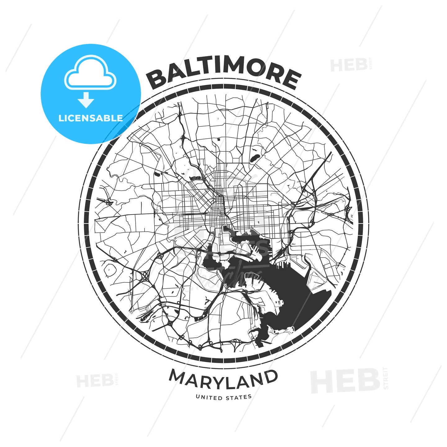 T-shirt map badge of Baltimore, Maryland - HEBSTREITS