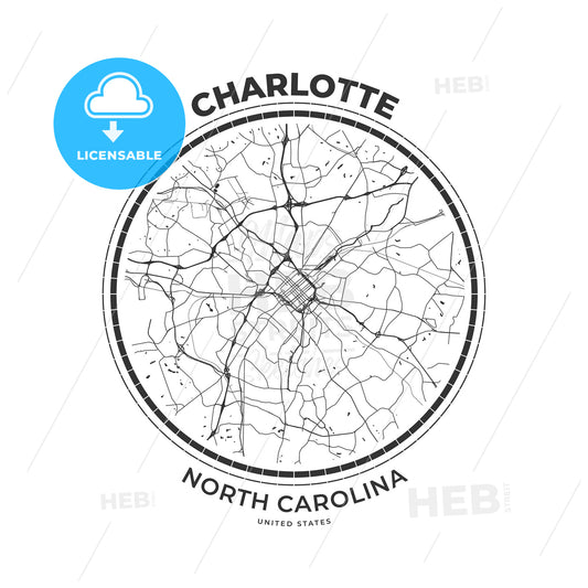 T-shirt map badge of Charlotte, North Carolina - HEBSTREITS