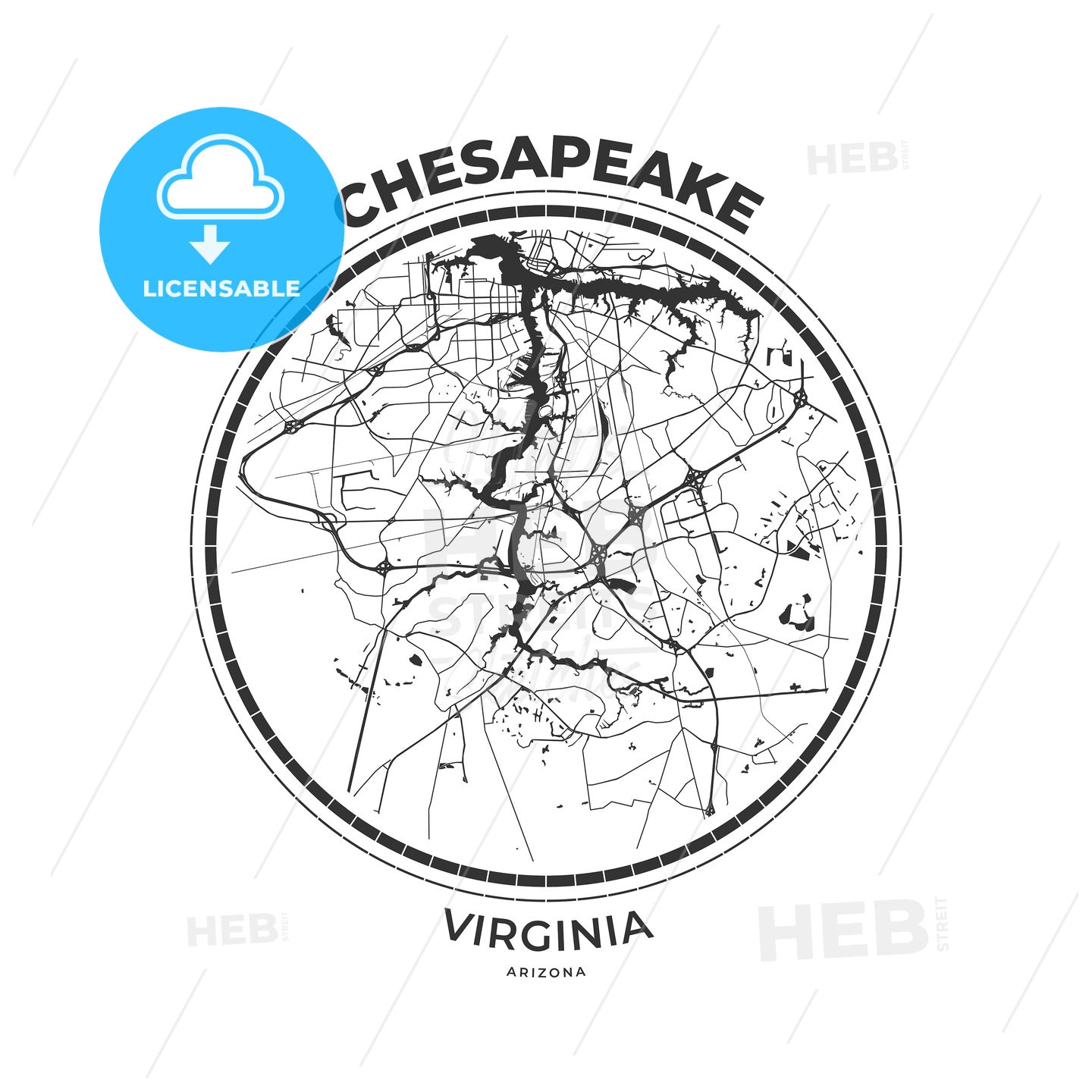 T-shirt map badge of Chesapeake, Virginia - HEBSTREITS
