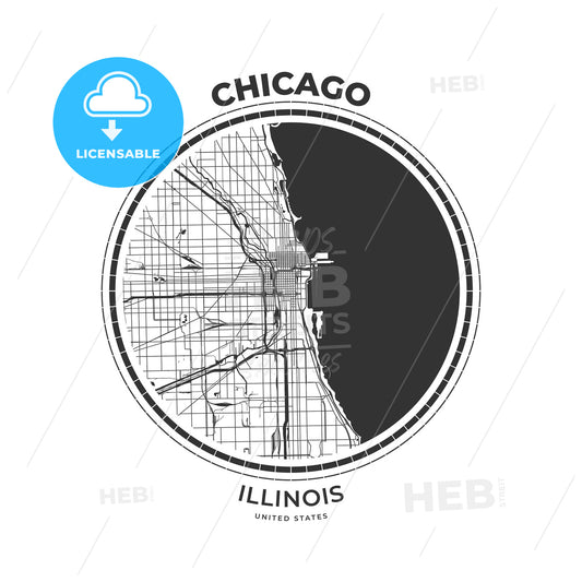 T-shirt map badge of Chicago, Illinois - HEBSTREITS