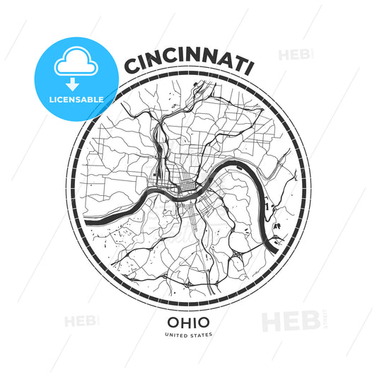 T-shirt map badge of Cincinnati, Ohio - HEBSTREITS