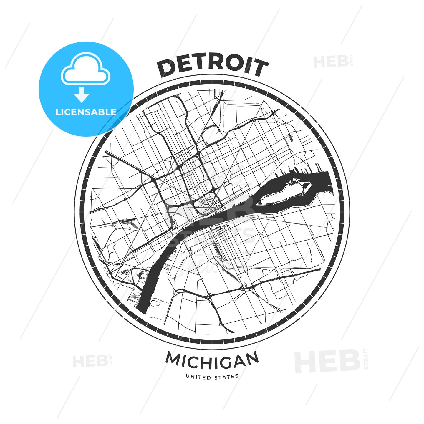 T-shirt map badge of Detroit, Michigan - HEBSTREITS