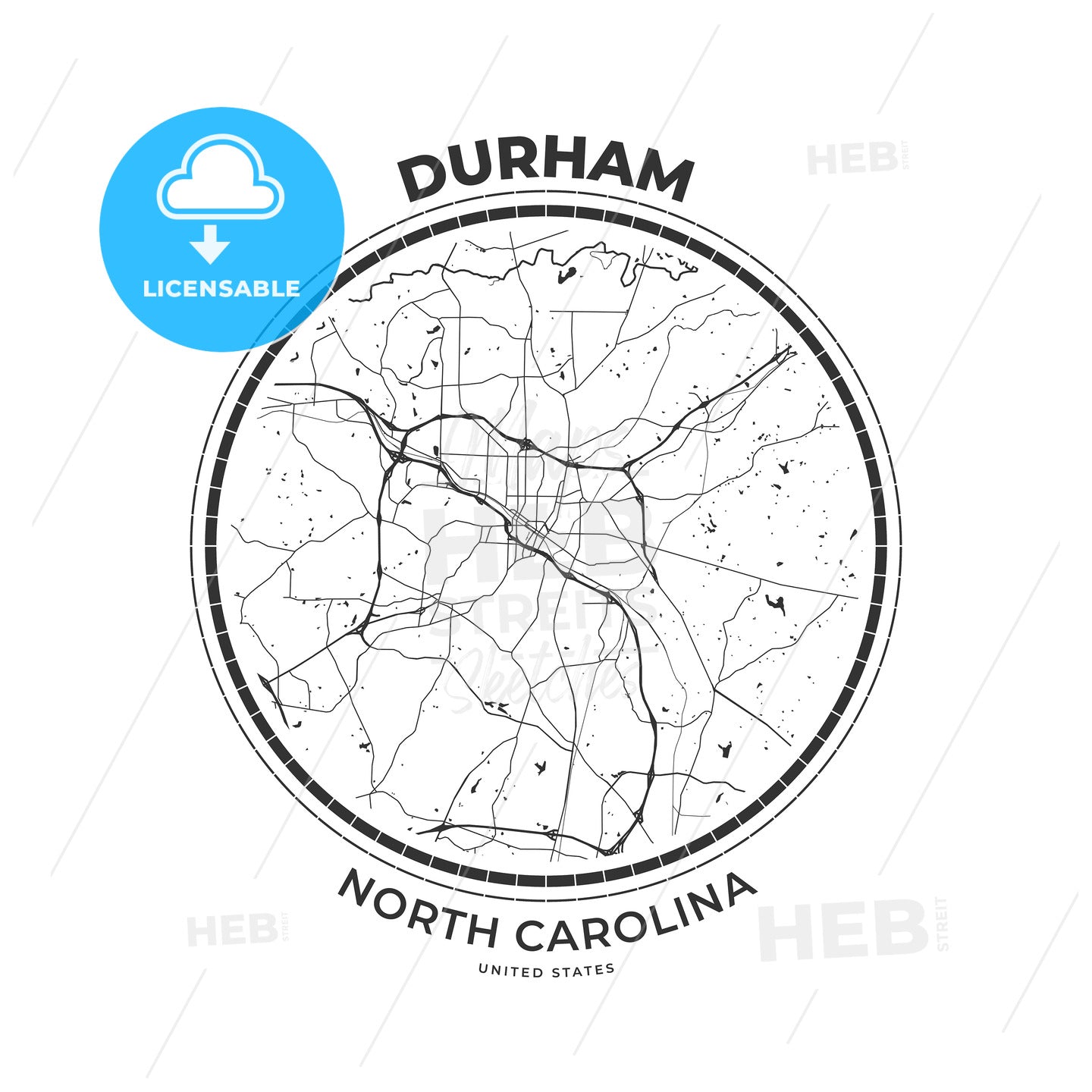 T-shirt map badge of Durham, North Carolina - HEBSTREITS