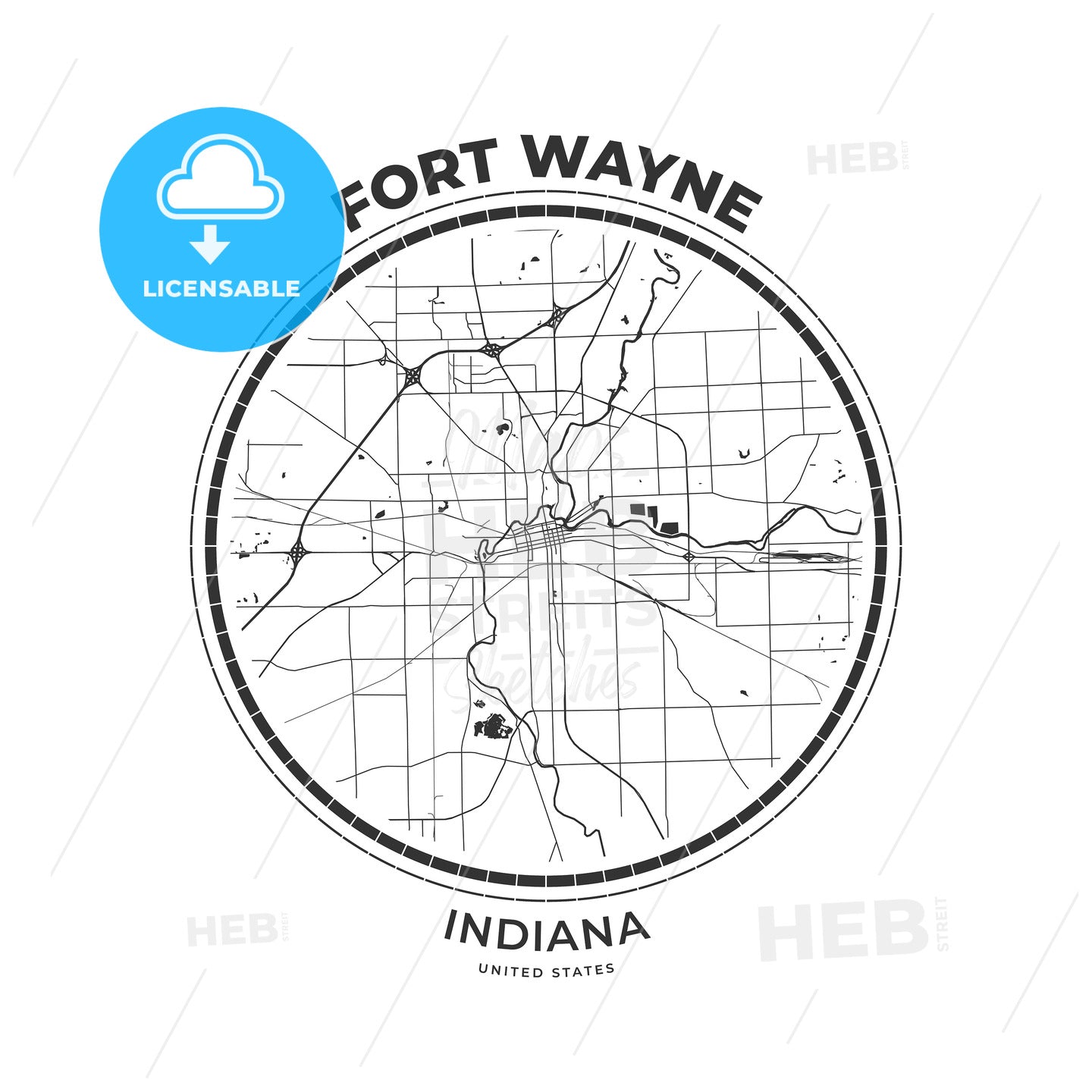 T-shirt map badge of Fort Wayne, Indiana - HEBSTREITS