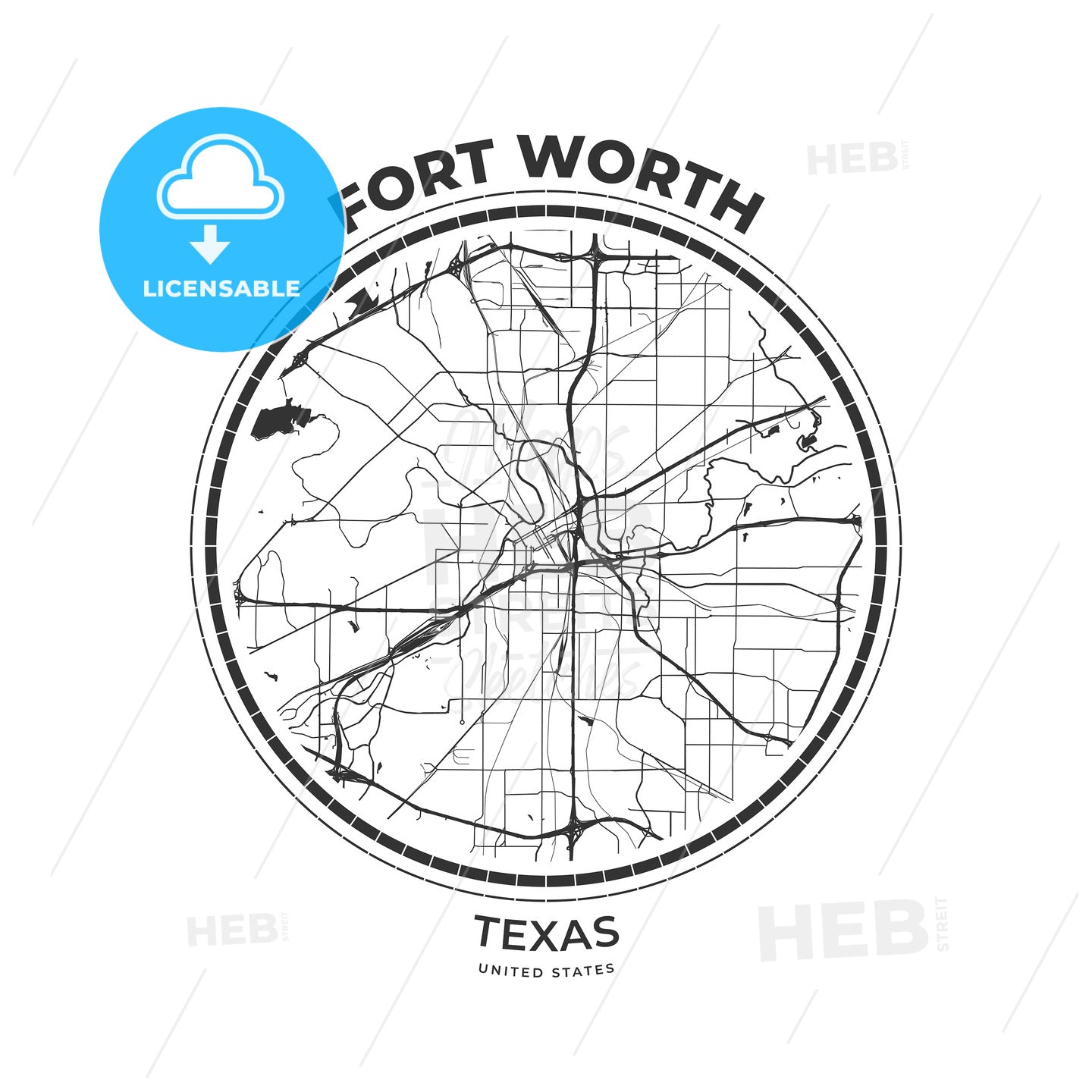 T-shirt map badge of Fort Worth, Texas - HEBSTREITS