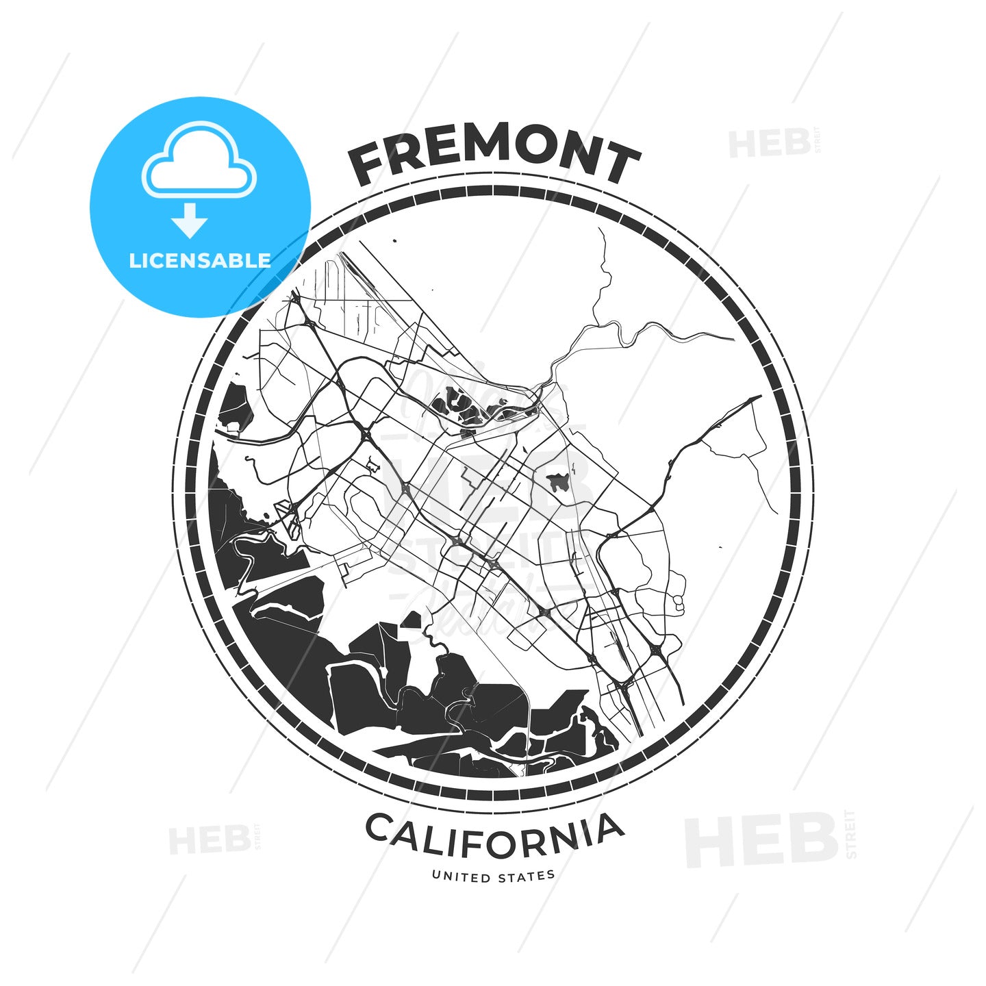 T-shirt map badge of Fremont, California - HEBSTREITS