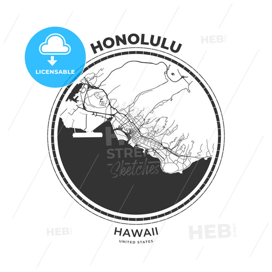 T-shirt map badge of Honolulu, Hawaii - HEBSTREITS