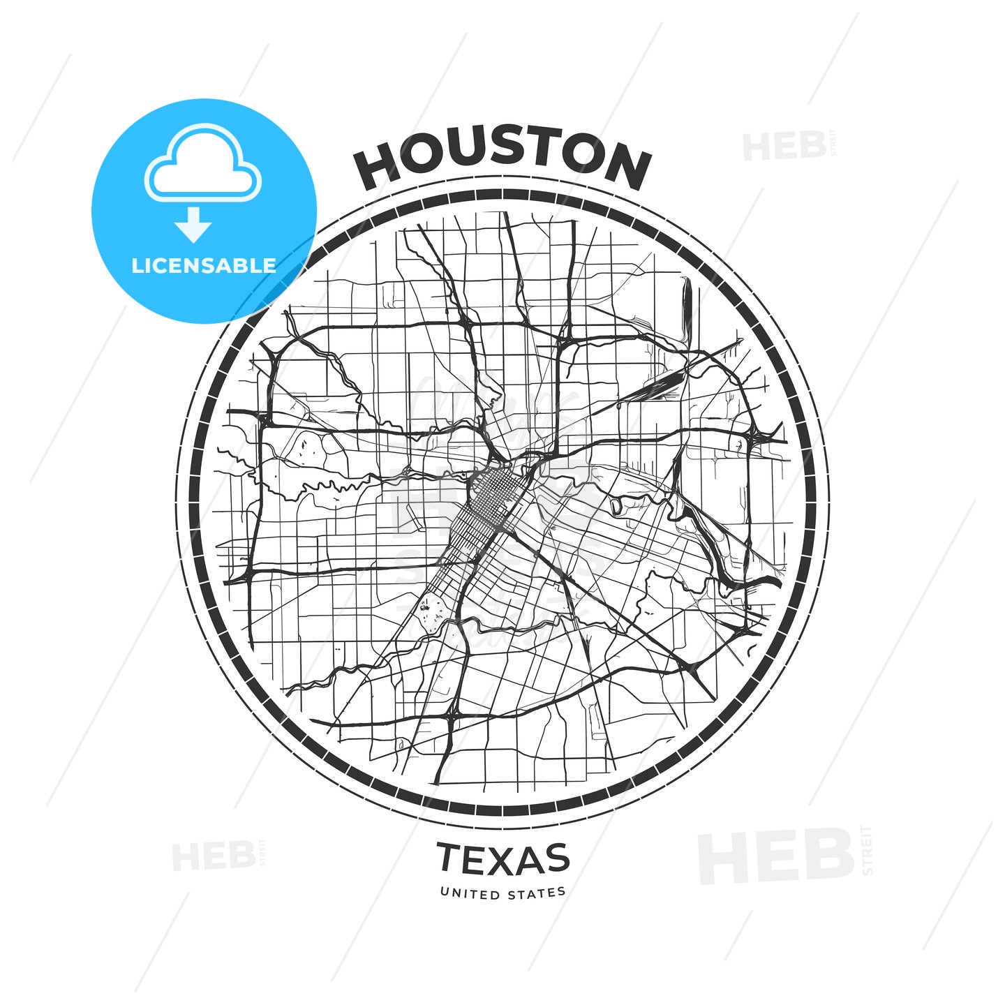 T-shirt map badge of Houston, Texas - HEBSTREITS
