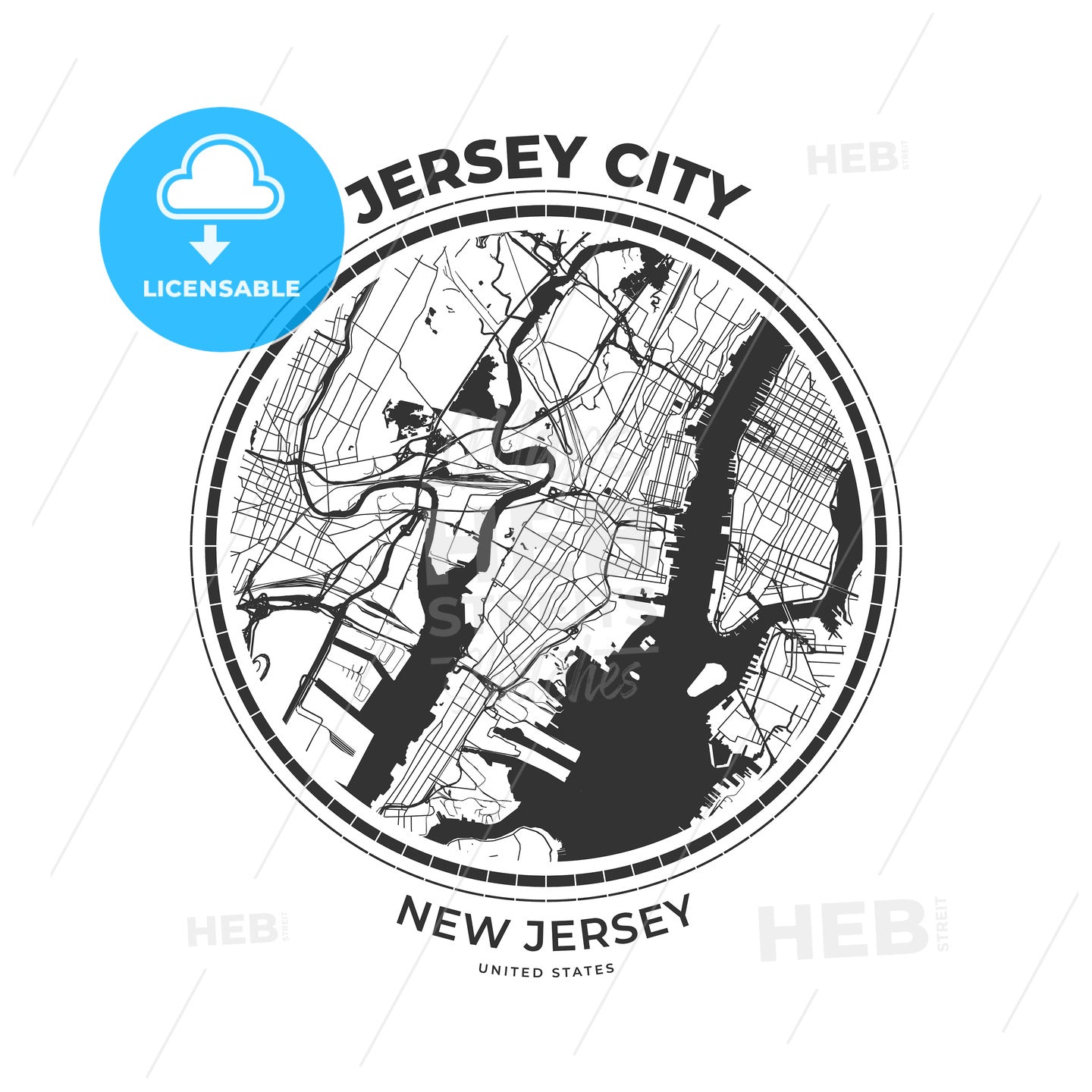 T-shirt map badge of Jersey City, New Jersey - HEBSTREITS