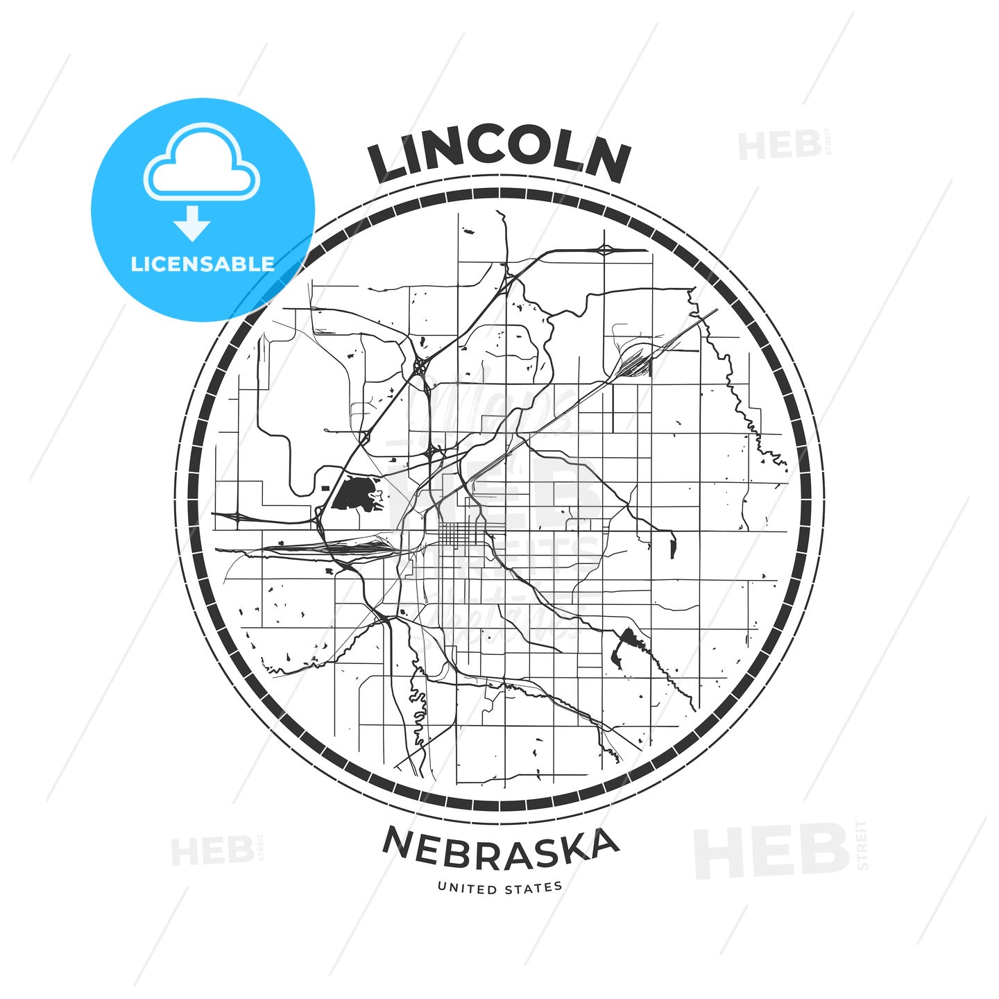 T-shirt map badge of Lincoln, Nebraska - HEBSTREITS