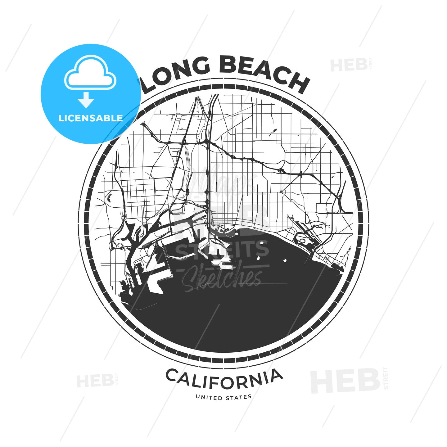 T-shirt map badge of Long Beach, California - HEBSTREITS
