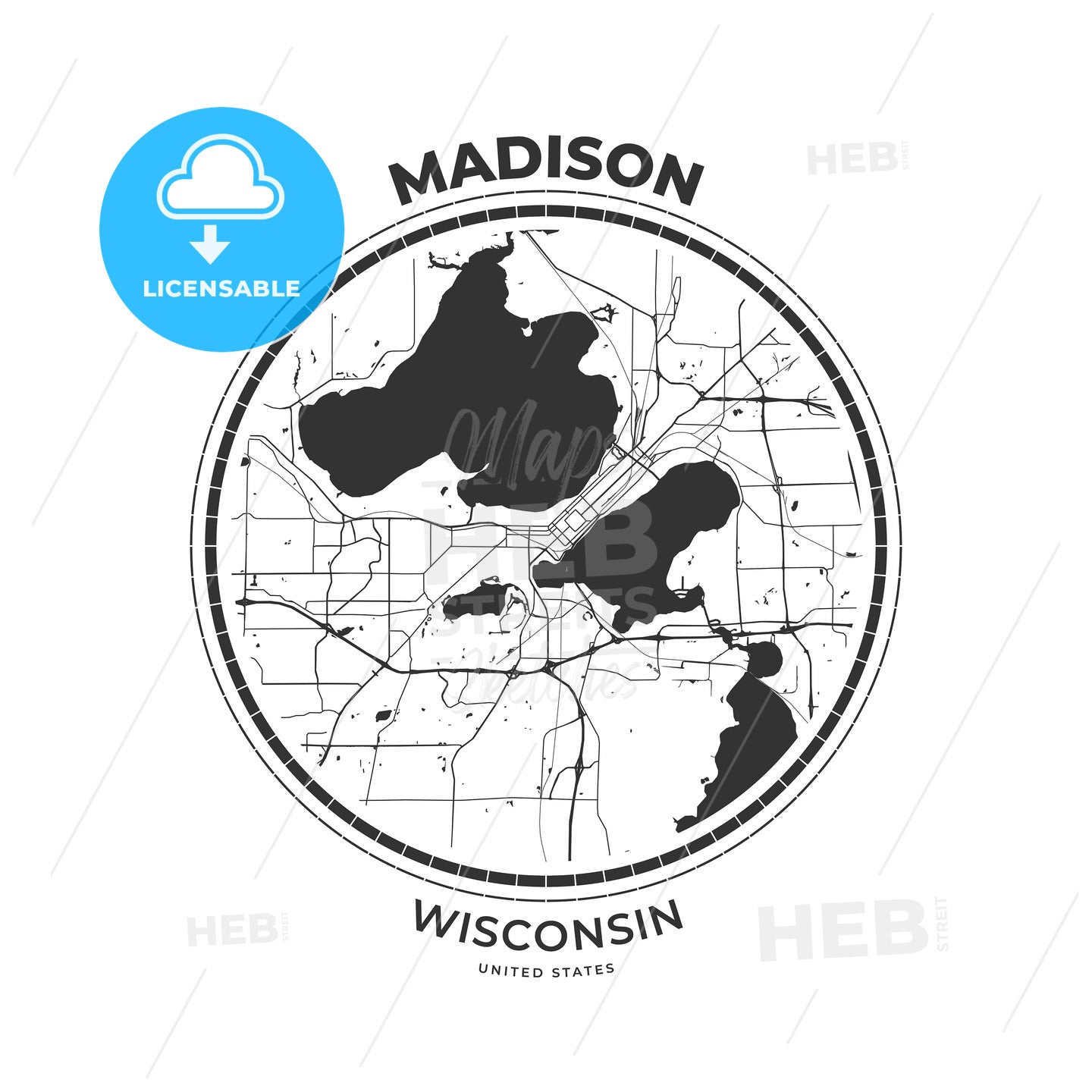 T-shirt map badge of Madison, Wisconsin - HEBSTREITS