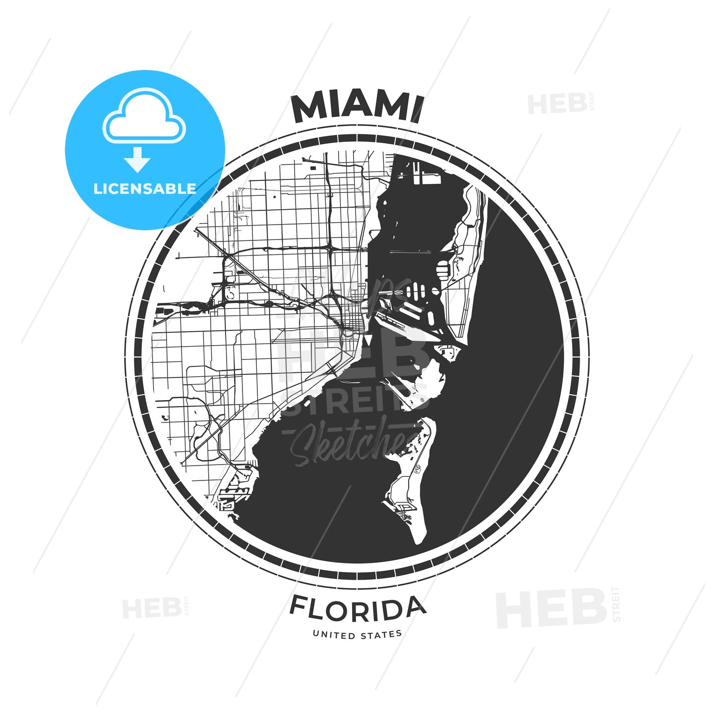 T-shirt map badge of Miami, Florida - HEBSTREITS