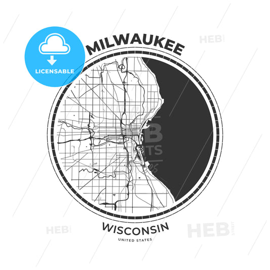 T-shirt map badge of Milwaukee, Wisconsin - HEBSTREITS