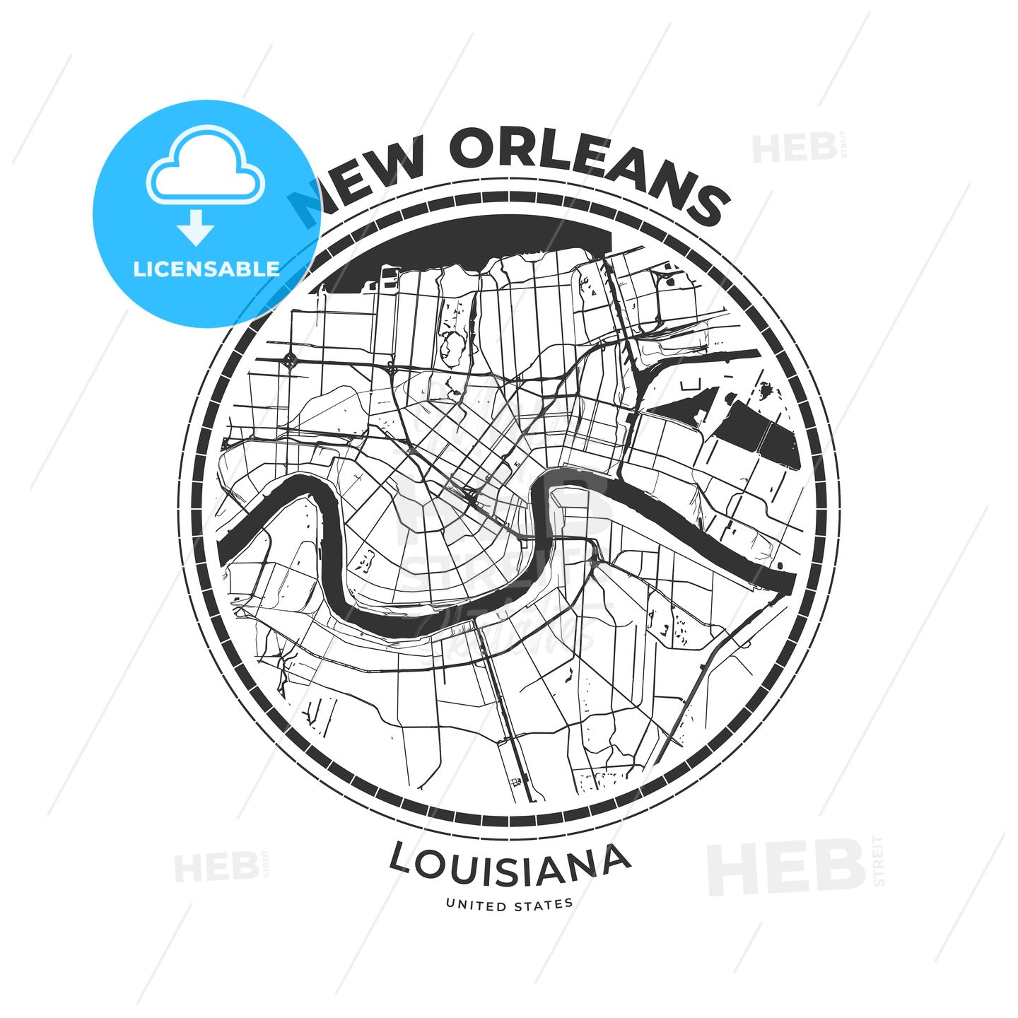 T-shirt map badge of New Orleans, Louisiana - HEBSTREITS