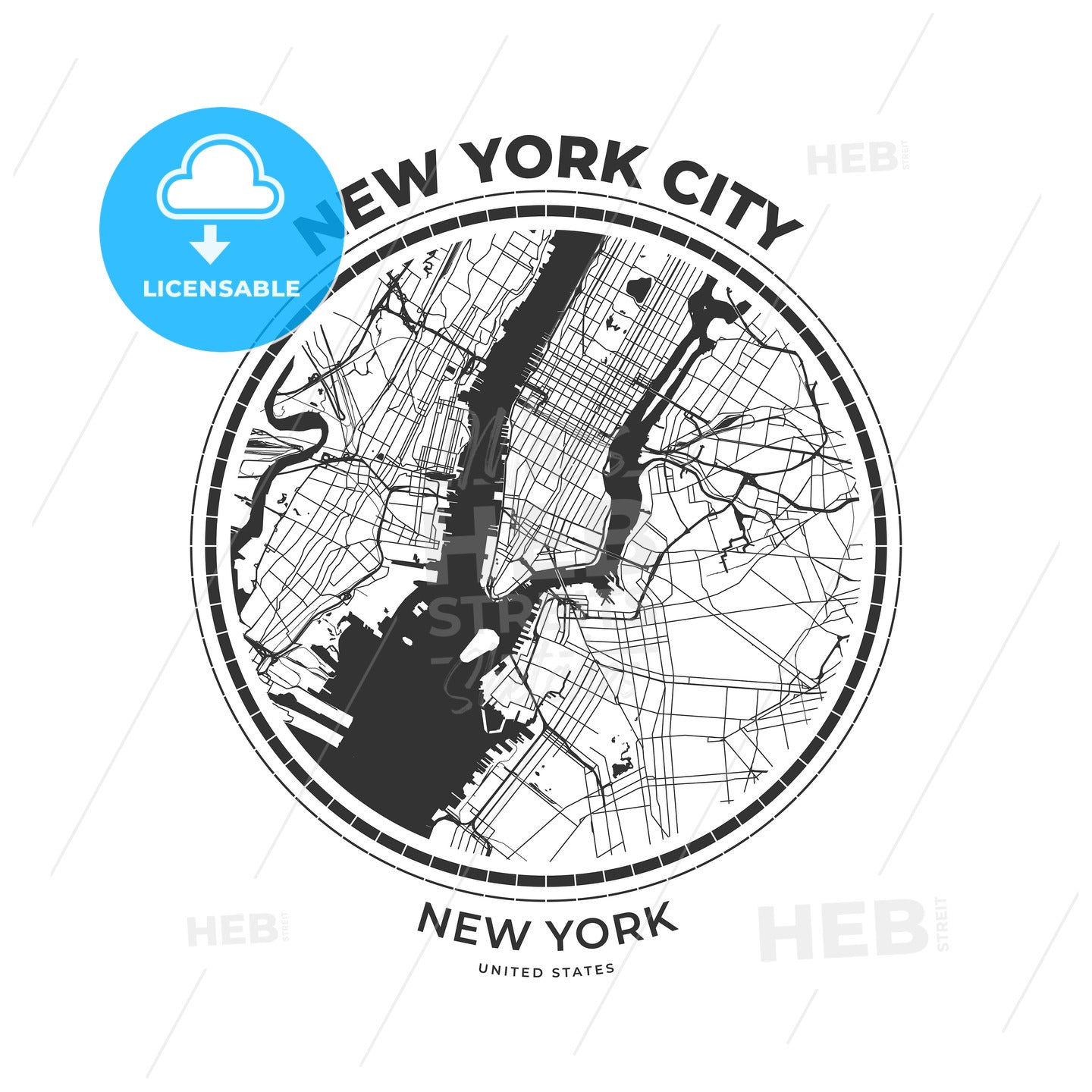 T-shirt map badge of New York City, New York - HEBSTREITS