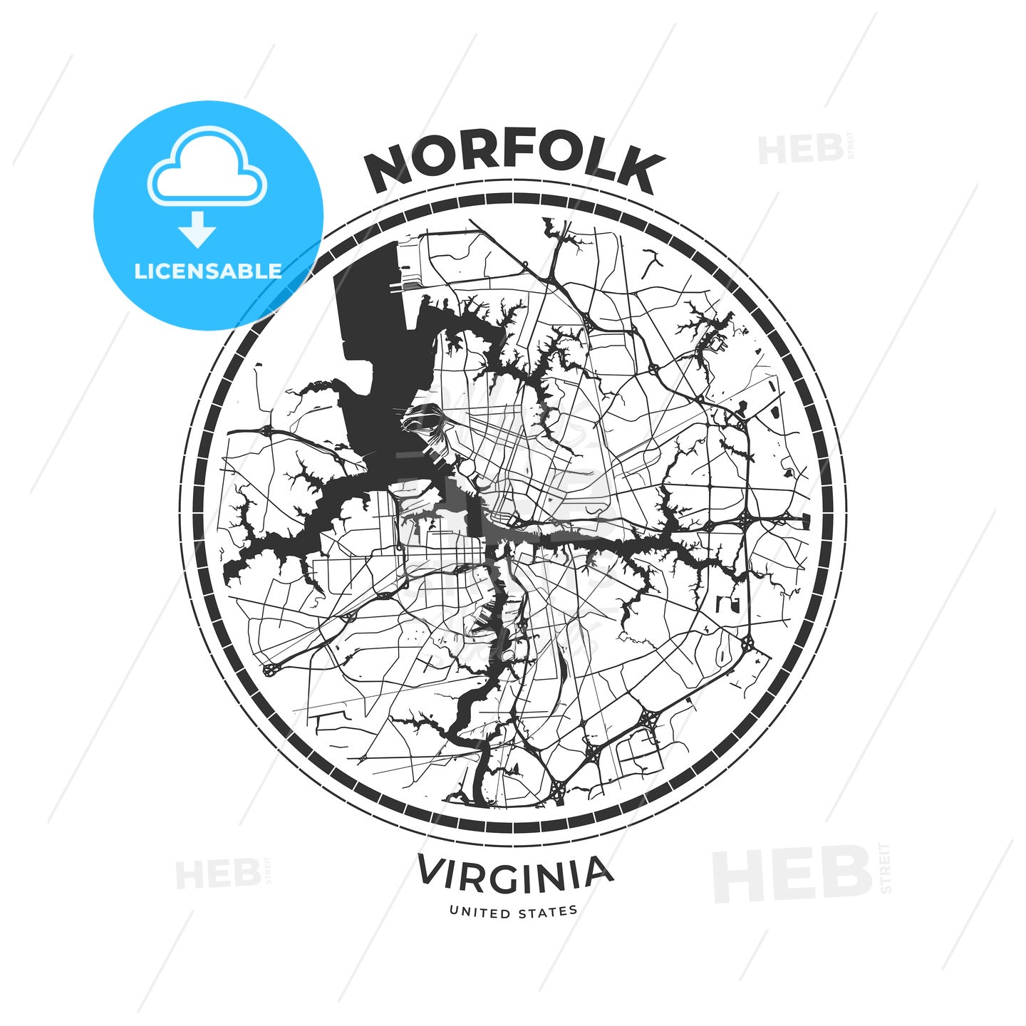T-shirt map badge of Norfolk, Virginia - HEBSTREITS