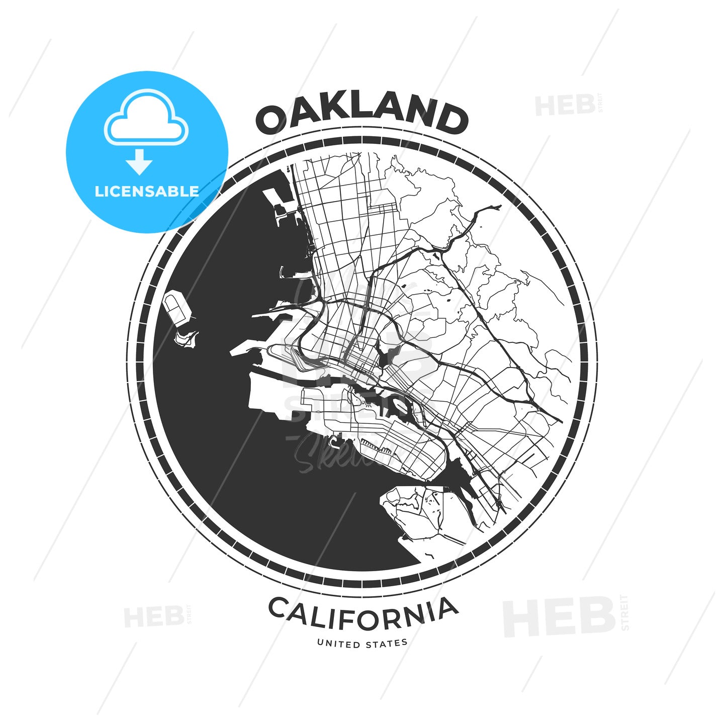 T-shirt map badge of Oakland, California - HEBSTREITS