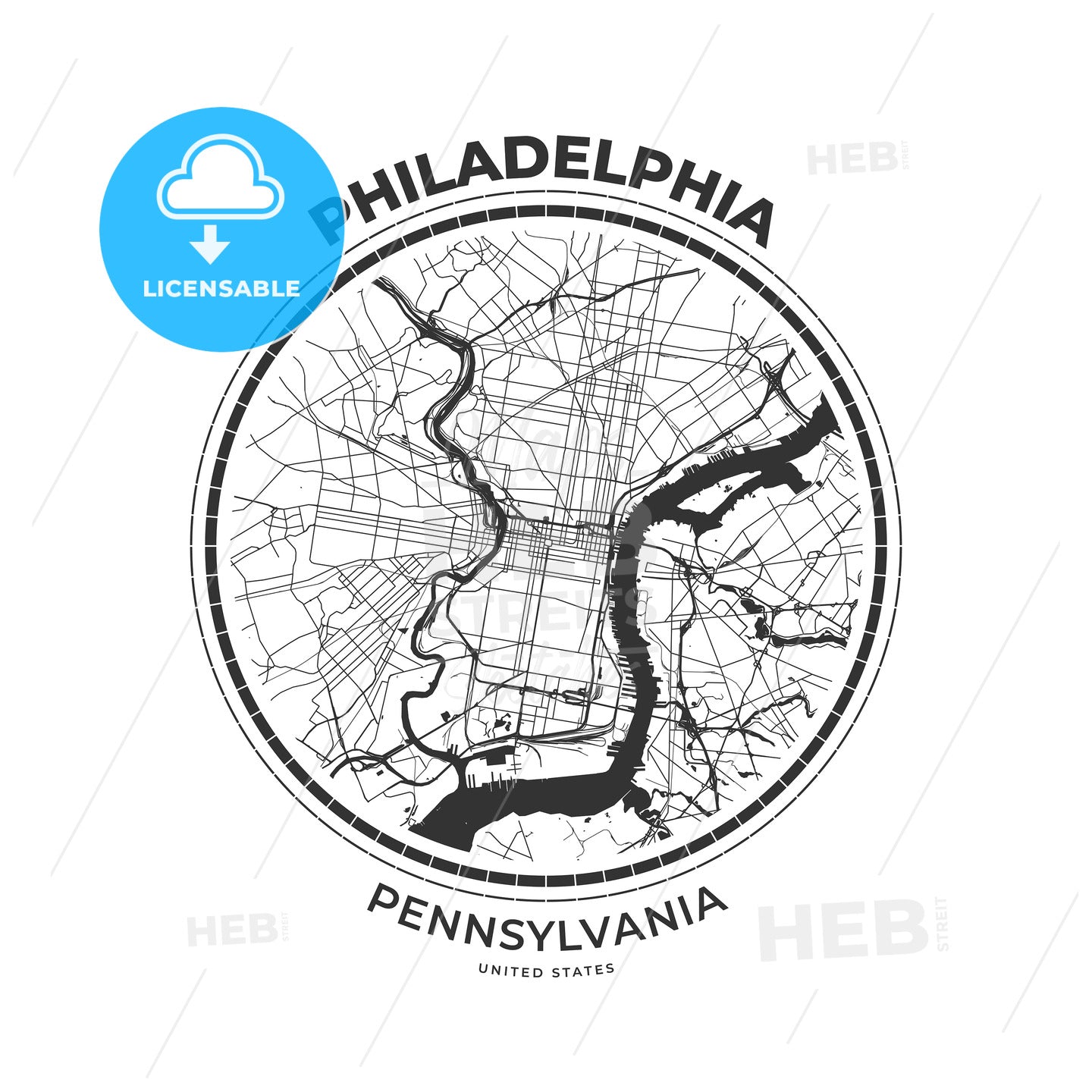 T-shirt map badge of Philadelphia, Pennsylvania - HEBSTREITS