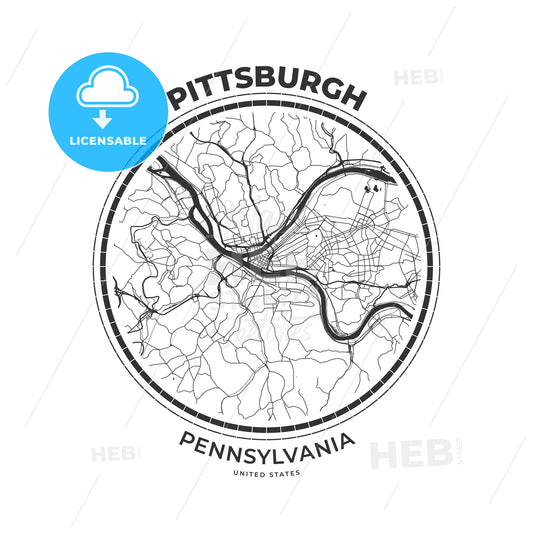 T-shirt map badge of Pittsburgh, Pennsylvania - HEBSTREITS