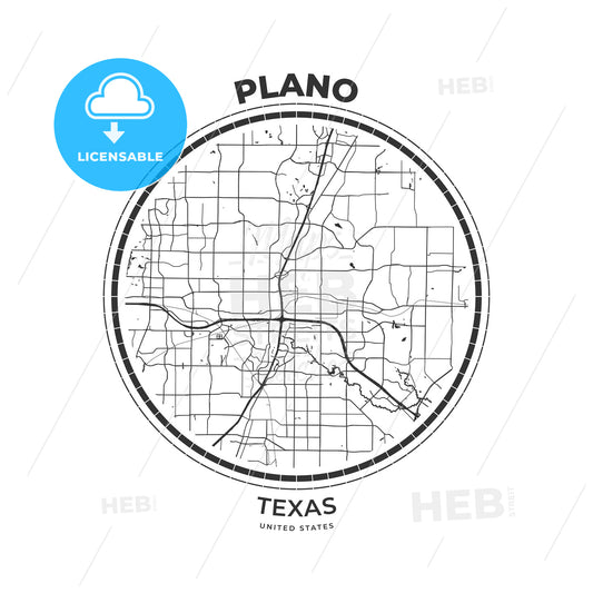 T-shirt map badge of Plano, Texas - HEBSTREITS