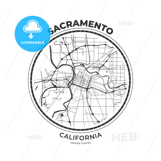 T-shirt map badge of Sacramento, California - HEBSTREITS